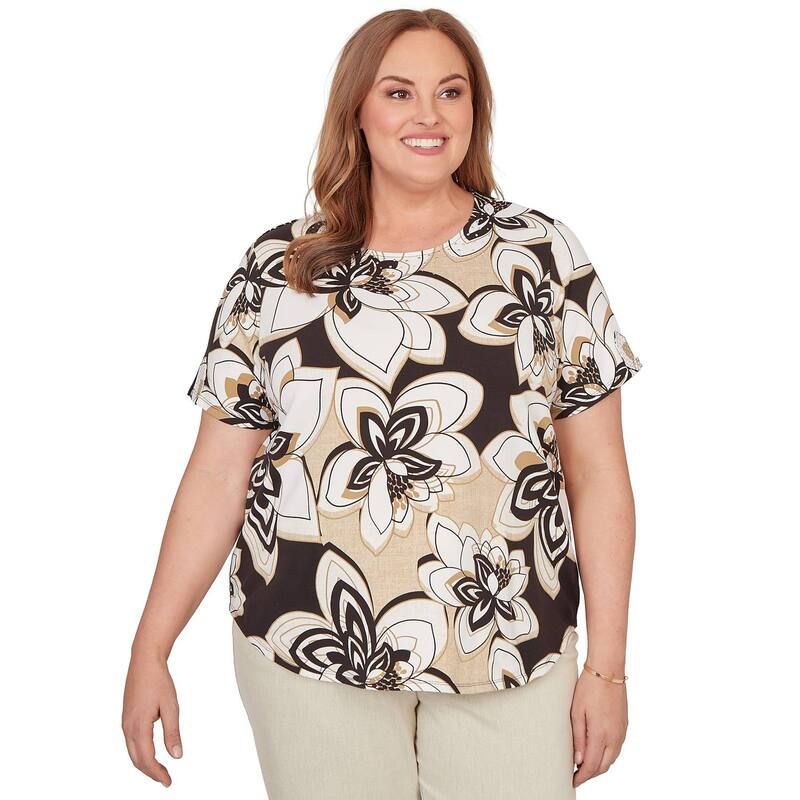アルフレッド ダナー レディース トップス Tシャツ フラワー柄 プラスサイズ フラワー Womens Plusize Alfredunner Floral Stained Glasshort Sleeve Tee Black Multi ブラック
