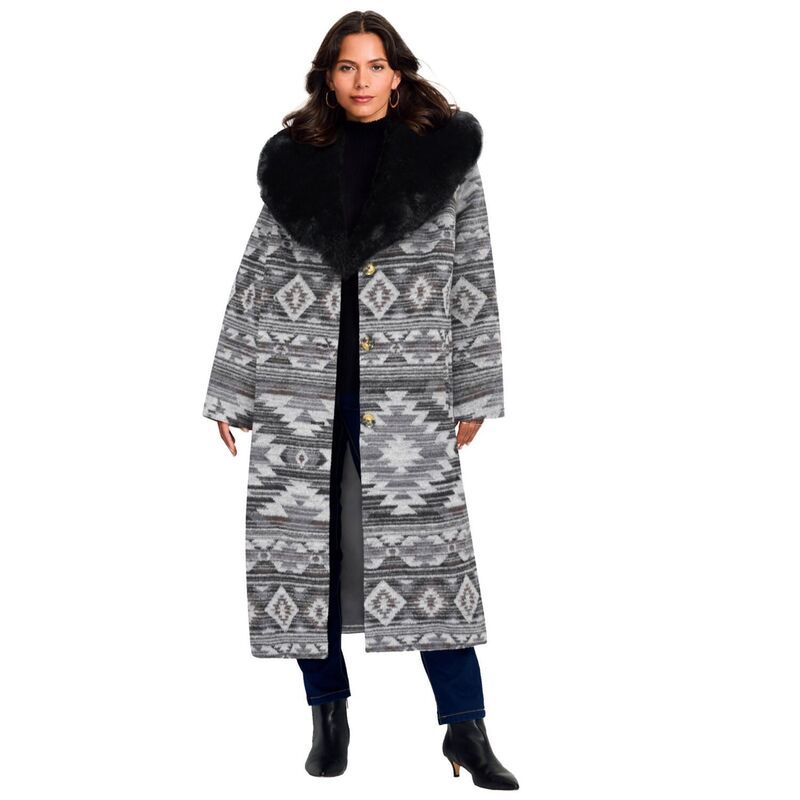 アベニュー レディース アウター ジャケット・ブルゾン プラスサイズ コート Avenue Womens Plusize Faux Fur Trim Coat Black Geometric Geo ブラック