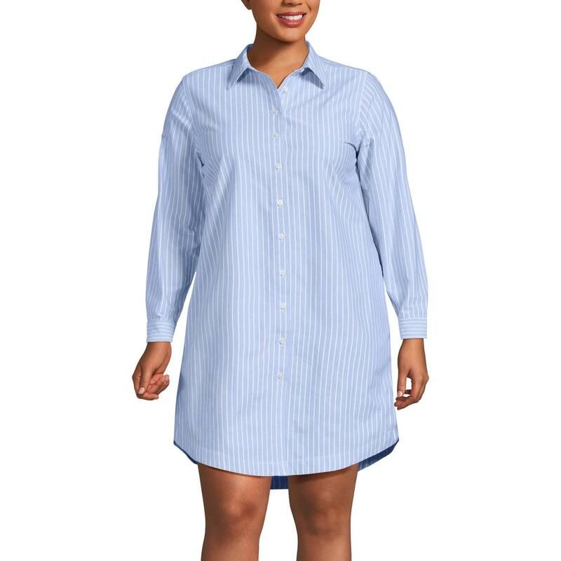 ランズエンド レディース トップス ワンピース プラスサイズ オックスフォード シャツ Plusize Lands End Oxford Long Sleeve Button Front Shirt Dress Blue White Stripe ホワイト