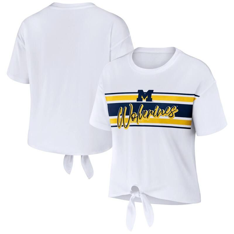 ウェア バイ エリン アンドルーズ レディース トップス Tシャツ クロップド Womens WEAR by Erin Andrews White Michigan Wolverinestriped Front Knot Cropped TShirt Mic