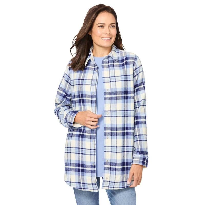 ウーマン ウィズイン レディース トップス シャツ プラスサイズ フリース Woman Within Plusize Fleece Flannel SnapFront Shirt French Blue Ivory アイボリー