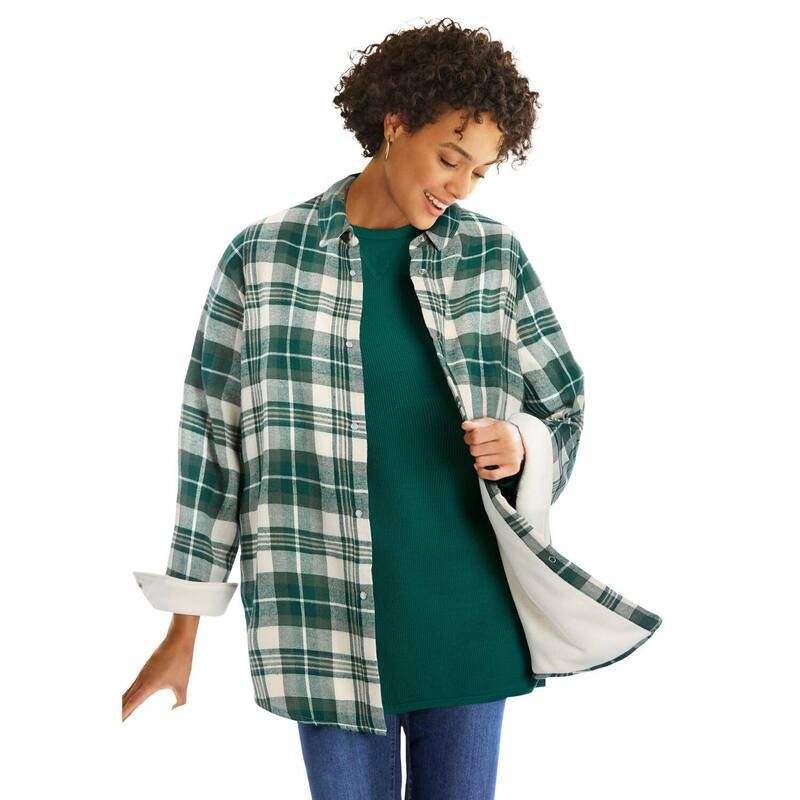 ウーマン ウィズイン レディース トップス シャツ プラスサイズ フリース Woman Within Plusize Fleece Flannel SnapFront Shirt Green Ivory Plaid アイボリー 13,634円