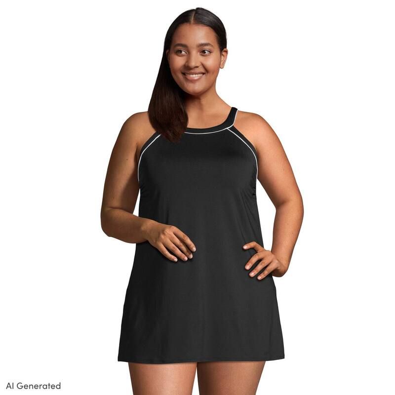 ランズエンド レディース トップス ワンピース ハイネック プラスサイズ Plusize Lands End UPF 50 High Neck OnePiece Swim Dress Black White ホワイト