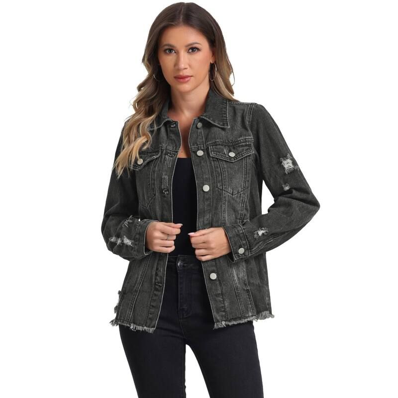 アレグラ ケー レディース アウター ジャケット・ブルゾン ボタンダウン デニム ALLEGRA K Denim Jacket For Women Frayed Washed Button Down Jean Jacket With Pockets Black