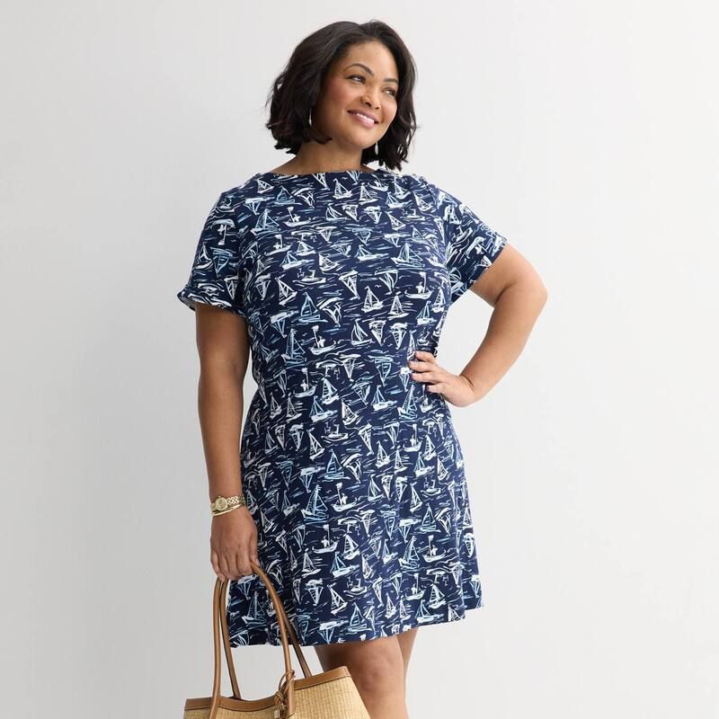クロフト＆バロー レディース トップス ワンピース プラスサイズ Plusize Croft Barrow Buttoned Shoulder Dress Navy White Sea ホワイト