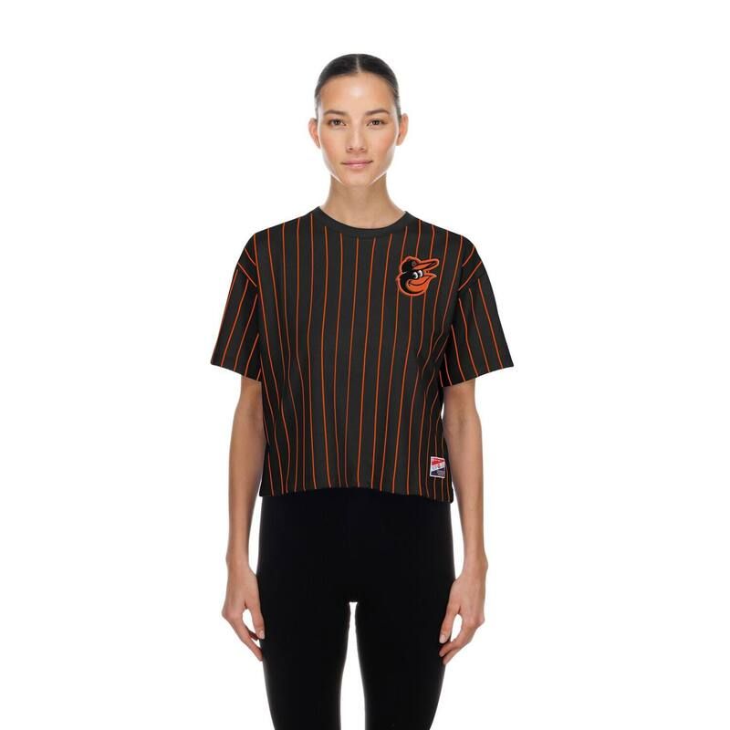 ニューエラ レディース トップス Tシャツ メッシュ Womens New Era Black Baltimore Orioles Throwback Meshback Pinstripe Boxy TShirt Orl Black ブラック