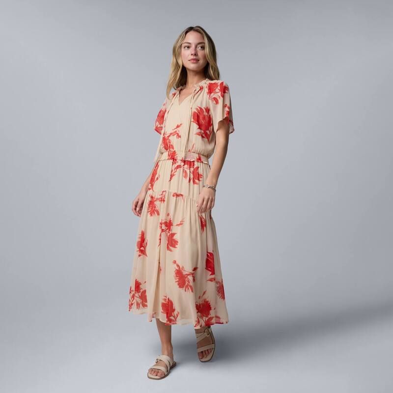 ヴェラウォン レディース トップス ワンピース マキシ Womensimply Vera Wang Flowy Maxi Dress Tan Red Water Blooms レッド