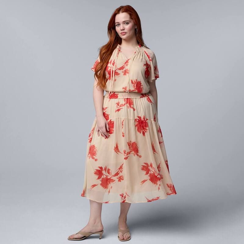 ヴェラウォン レディース トップス ワンピース プラスサイズ マキシ Plusize Simply Vera Wang Flowy Maxi Dress Tan Red Water Blooms レッド