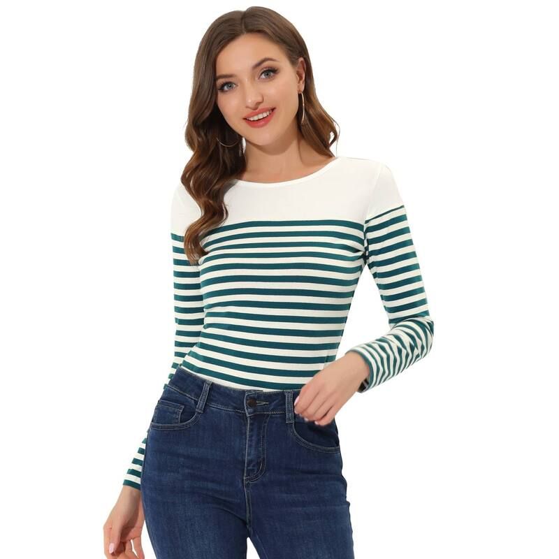 アレグラ ケー レディース トップス シャツ ALLEGRA K Womens Color Block Long Sleeve Striped Causal TShirt White Blue ホワイト