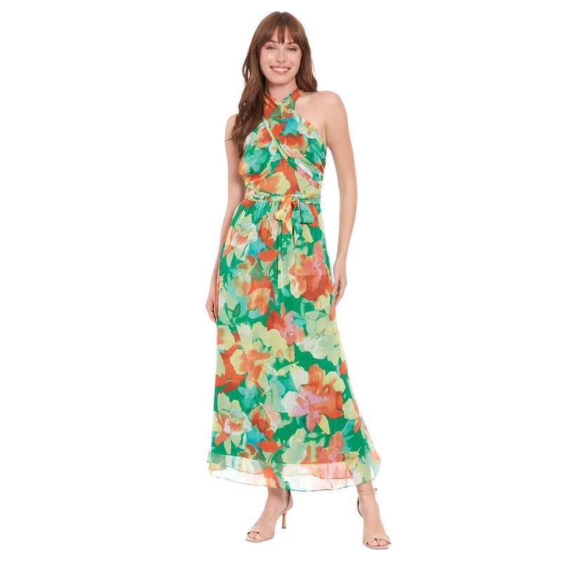 ロンドンタイムス レディース トップス ワンピース フラワー柄 マキシ フラワー ホルター Womens London Times Floral Wrap Halter Maxi Dress Green Multi グリーン