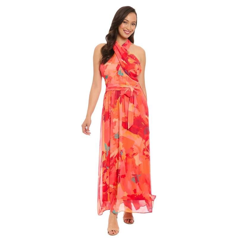 ロンドンタイムス レディース トップス ワンピース フラワー柄 マキシ フラワー ホルター Womens London Times Floral Wrap Halter Maxi Dress Orange Red レッド