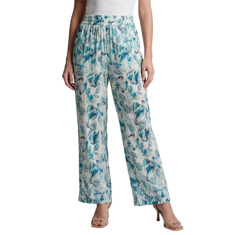 ロアマンズ レディース ボトムス カジュアルパンツ プラスサイズ Roamans Womens Plusize Hand Crinkled WideLeg Panturquoise Mixed Leaves ターコイズ