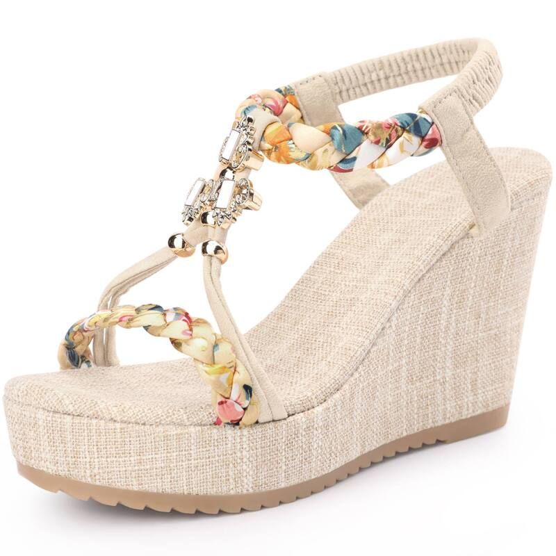 アレグラ ケー レディース シューズ サンダル プラットフォーム ヒール ALLEGRA K Womens Bohemia Pull on Platform Wedge Heel Sandals Beige ベージュ