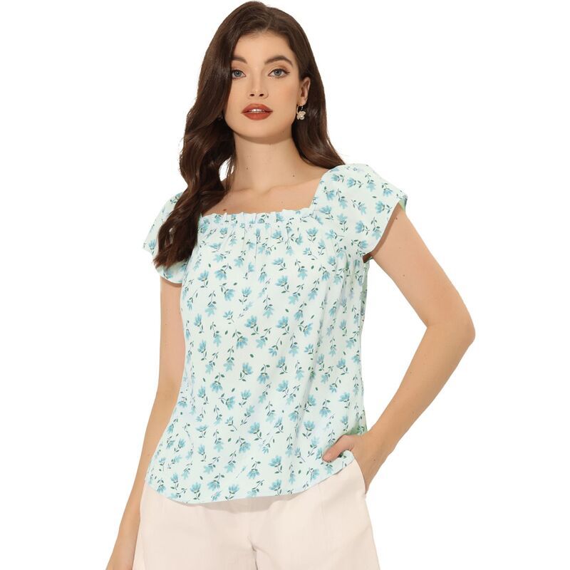 アレグラ ケー レディース トップス シャツ フラワー柄 プリント キャップ フラワー ALLEGRA K Womensummer Floral Printed Cap Sleeve Tops Blue ブルー