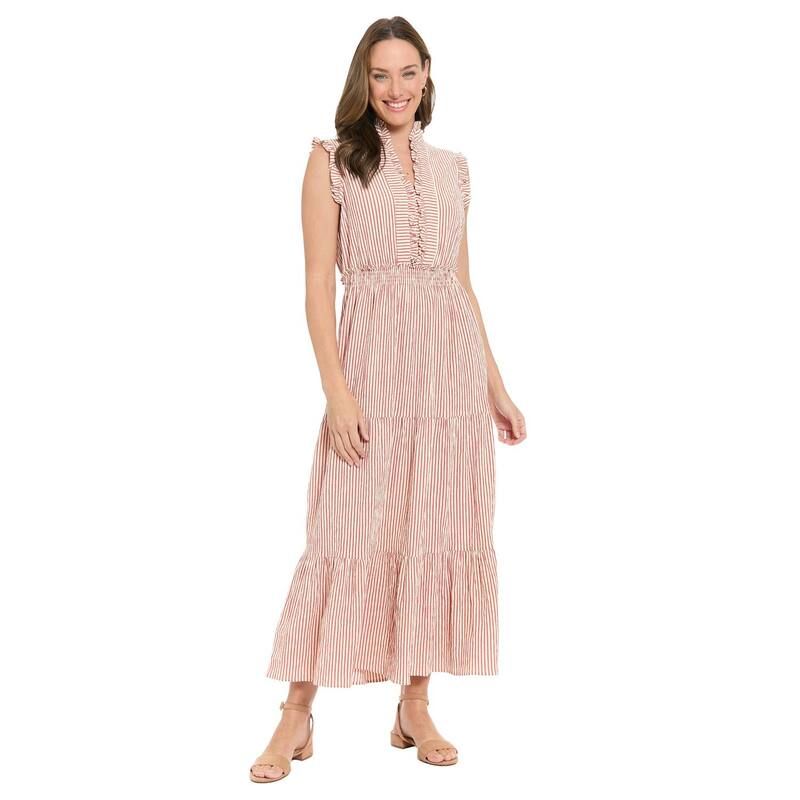 ロンドンタイムス レディース トップス ワンピース ティアード フリル シャーリング マキシ Womens London Times Ruffle Neck Shoulder Smocked Waistiered Maxi Dress Red レッド