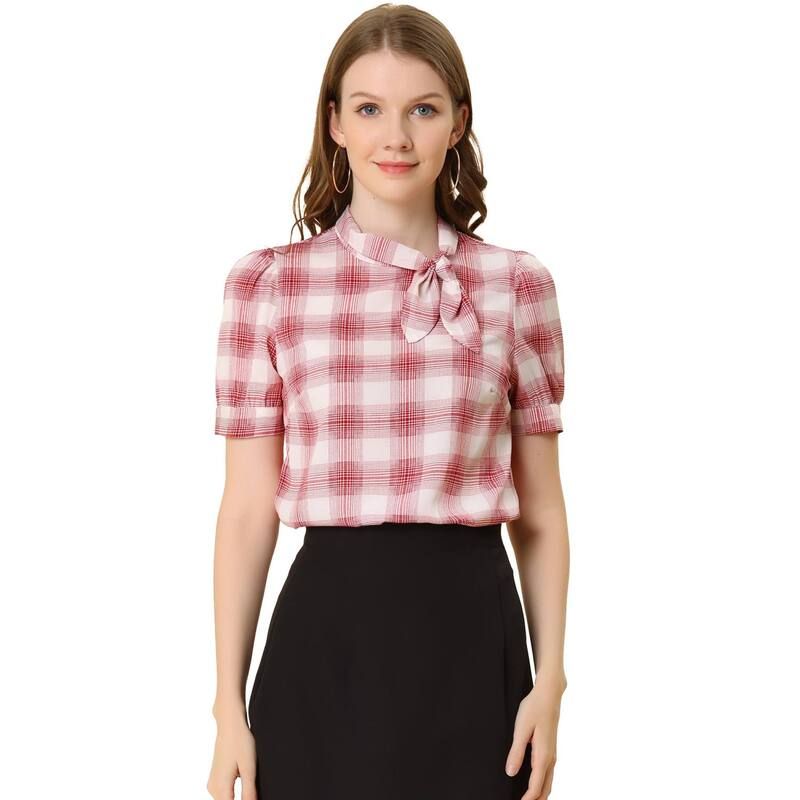 アレグラ ケー レディース トップス シャツ シフォン ブラウス ALLEGRA K Womens Work Top Summer Tie Neck Short Sleeve Chiffon Pullover Plaid Blouse Red レッド