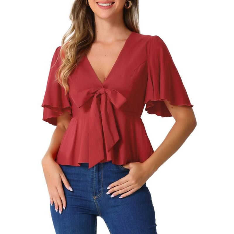 アレグラ ケー レディース トップス Tシャツ Vネック フリル ブラウス ALLEGRA K Womens Peplum Blouse Top Ruffle Sleeve Bow Tie Decor Deep V Neck Tops Red レッド