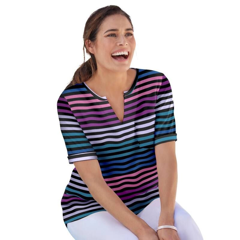 ウーマン ウィズイン レディース トップス Tシャツ プラスサイズ Woman Within Plusize NotchNeck Pocketee Black Colorful Stripe ブラック