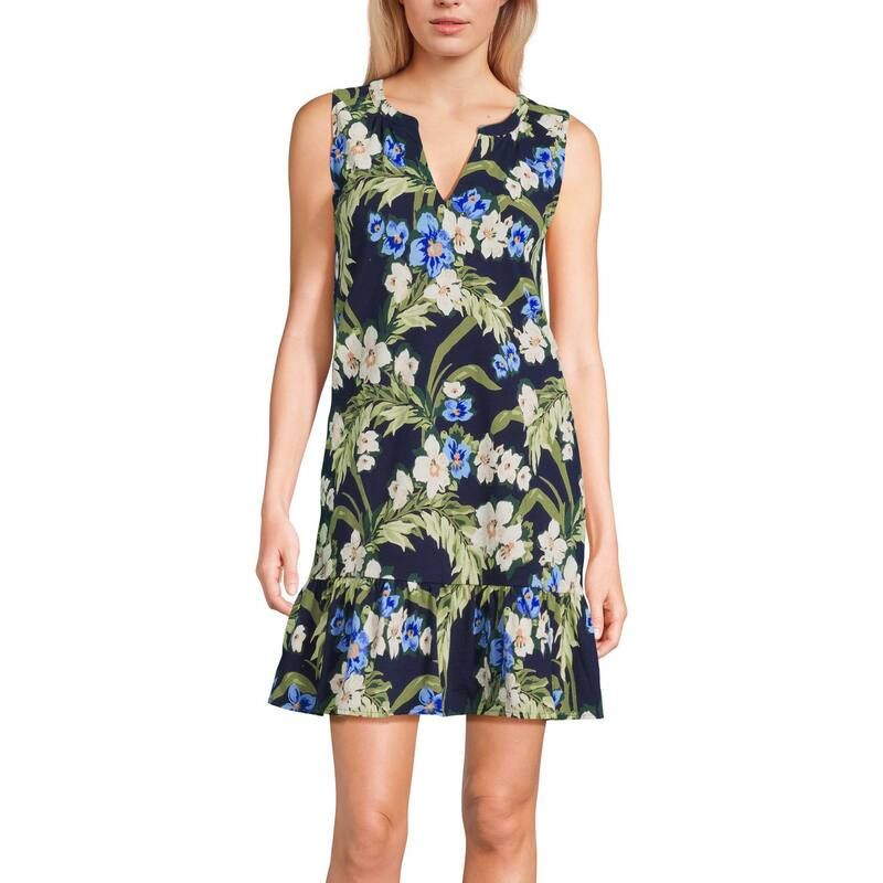ランズエンド レディース トップス ワンピース プチ ノースリーブ Petite Lands End Sleeveless Notch Neck Flounce Dressea Blue Floral ブルー