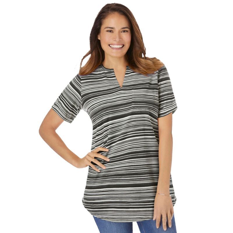 ウーマン ウィズイン レディース トップス Tシャツ プラスサイズ Woman Within Plusize NotchNeck Pocketee Black Multi Stripe ブラック