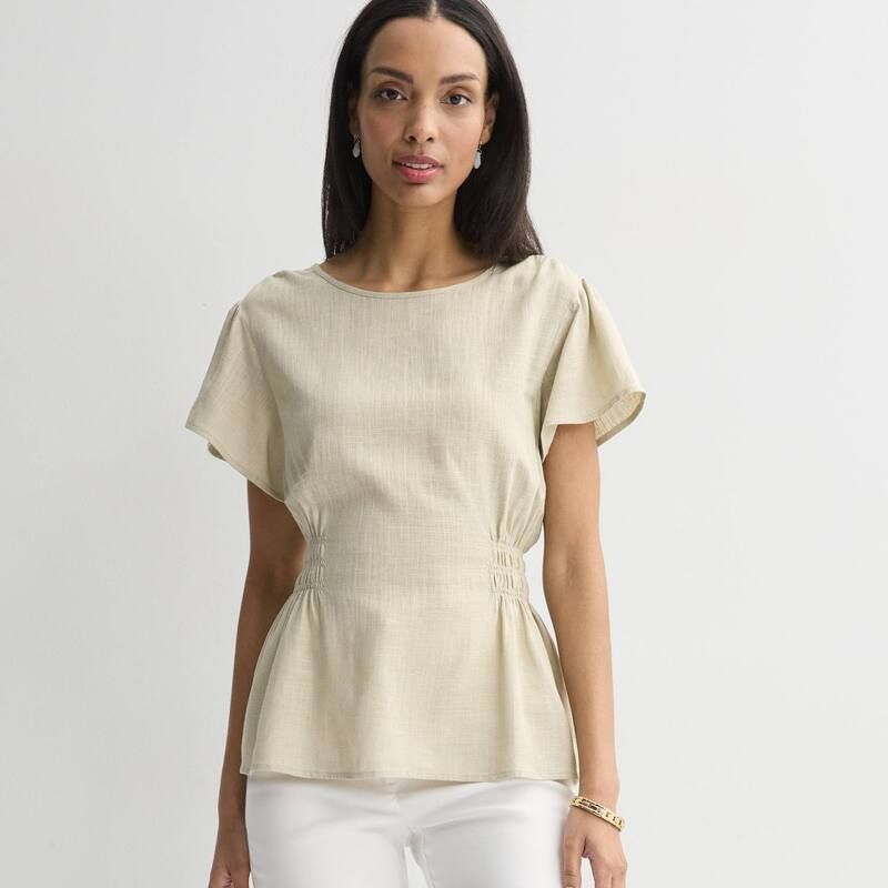 ナインウェスト レディース トップス シャツ ブラウス Womens Nine West Cinched Flutter Sleeve Blouse Light Beige ベージュ