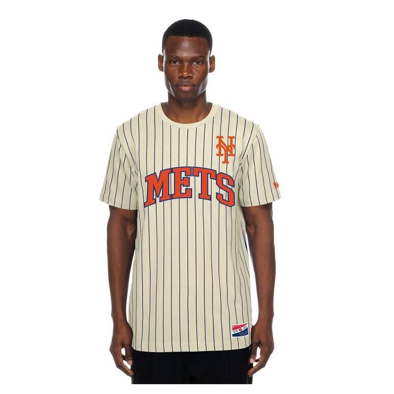 ニューエラ レディース トップス Tシャツ メッシュ Mens New Era Cream New York Mets Throwback Meshback Pinstripe TShirt Met Beige ベージュ