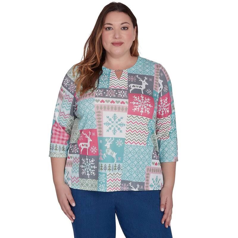 アルフレッド ダナー レディース トップス Tシャツ プラスサイズ Plusize Alfredunnereindeer Patch Work Top Multi Green グリーン