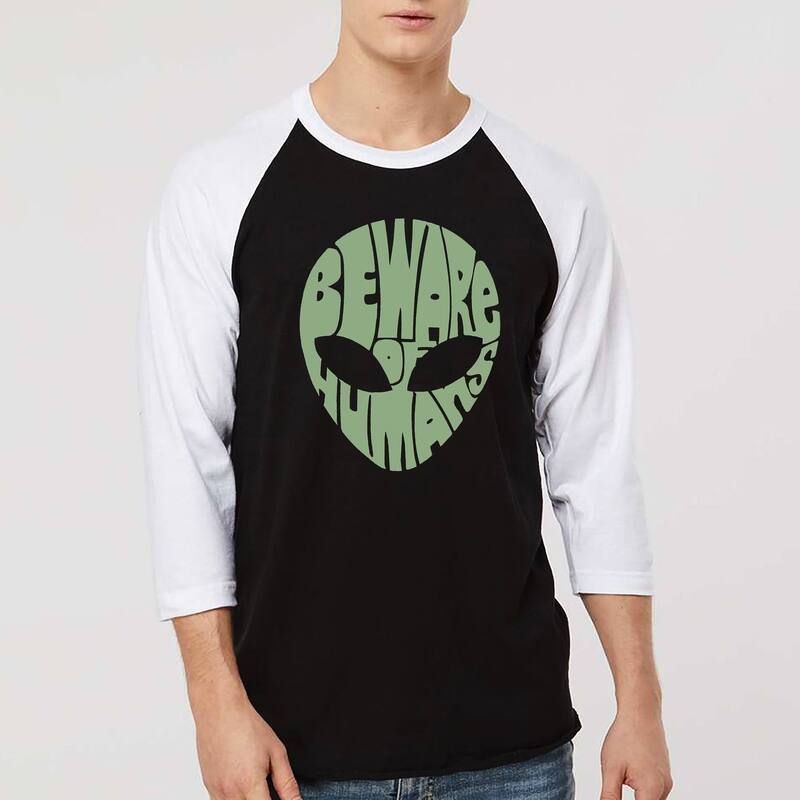 エルエーポップアート レディース トップス Tシャツ LA Pop Art Beware of Humans Mens Raglan Baseball Word Artshirt Black White ホワイト