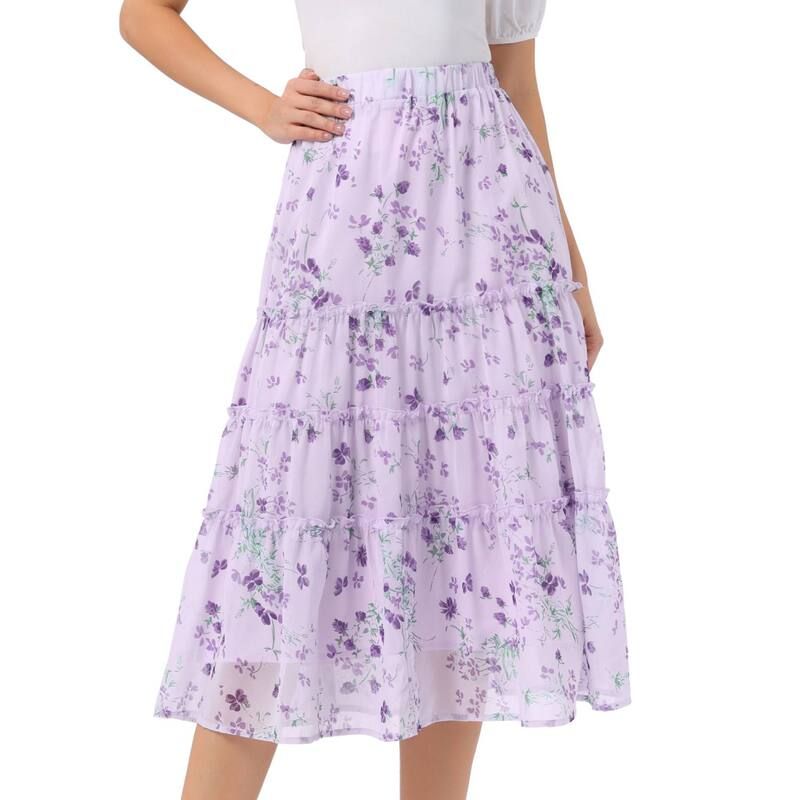 アレグラ ケー レディース ボトムスカート ティアード フラワー柄 プリント フリル マキシ フラワー ALLEGRA K Womens Floral Print Elastic Waist Ruffle Maxi Tiered Skirt Purple Fl