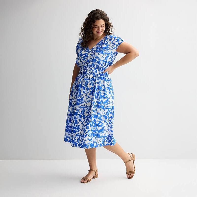 ソノマ レディース トップス ワンピース プラスサイズ ミディ シャーリング Plusize Sonoma Goods For Life Smocked ButtonThrough Midi Dress Vivid Blue Floral ブルー