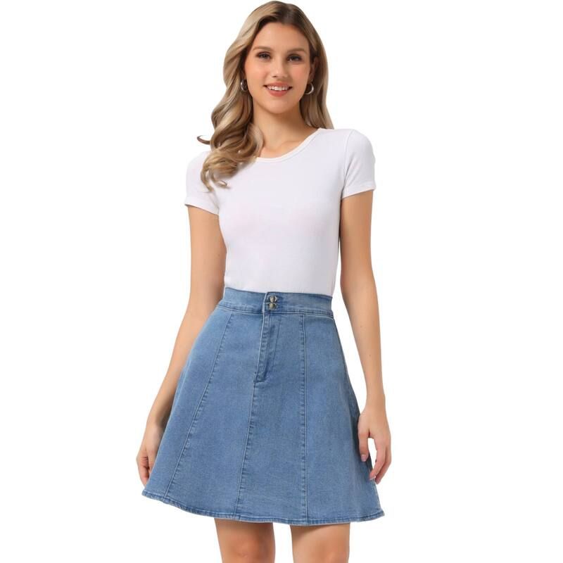 アレグラ ケー レディース ボトムスカート A ライン ハイウエスト プリーツ ミディ デニム ALLEGRA K Womens Casual High Waist ALine Flared Pleated Midi Denim Skirt Blue ブルー