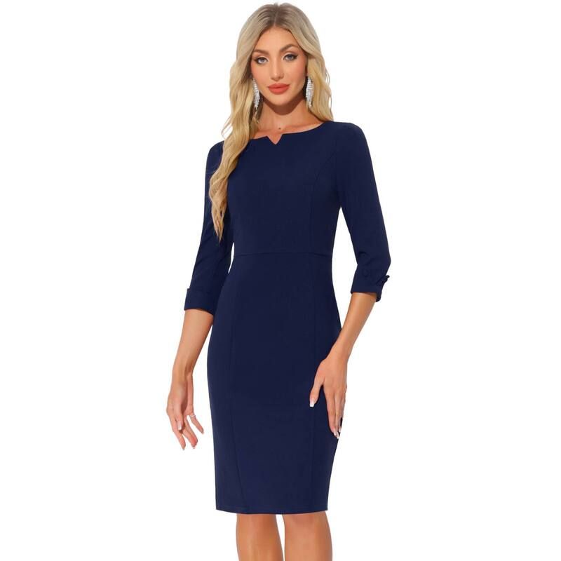 アレグラ ケー レディース トップス ワンピースリムフィット ミディ ALLEGRA K Midi Dresses for Women 34 Sleeve Sweetheart Neck Slim Fit Work Pencil Dress Dark Blue