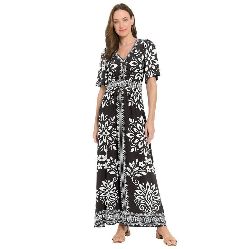 ロンドンタイムス レディース トップス ワンピース Vネック マキシ Womens London Times VNeck Flutter Sleeve Maxi Dress Black White ホワイト