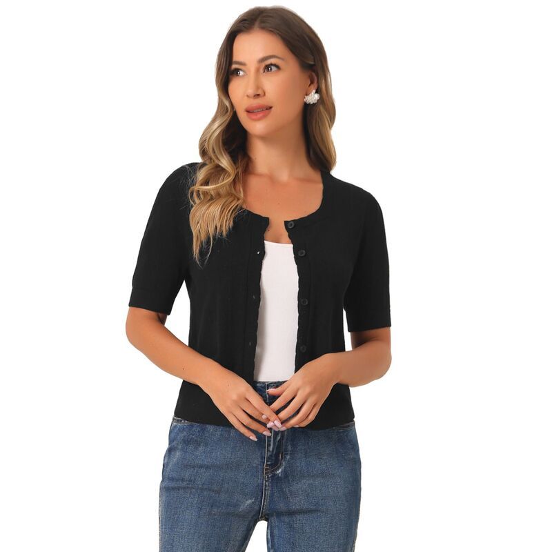 アレグラ ケー レディース アウター ニット・セーター カーディガン ALLEGRA K Short Sleeve Cardigan For Womens Casual Crochet Knit Button Up Bolero Sweater Tops Bl