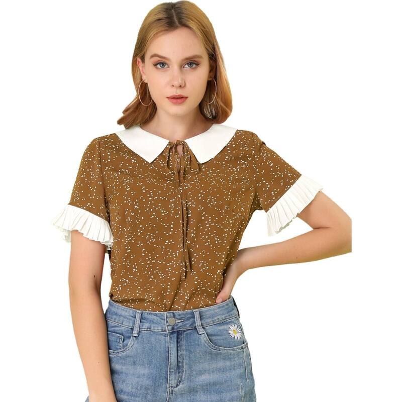 アレグラ ケー レディース トップス シャツ ドット コントラスト ブラウス ALLEGRA K Womens Contrast Doll Collar Polka Dots Topshort Sleeves Blouse Brown ブラウン