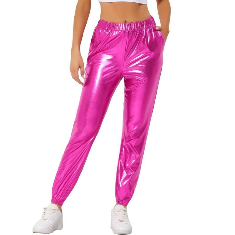 アレグラ ケー レディース ボトムス カジュアルパンツ ハイウエストール ALLEGRA K Womens Party Sparkle Shiny High Waist Metallic Jogger Pants Hot Pink ピンク