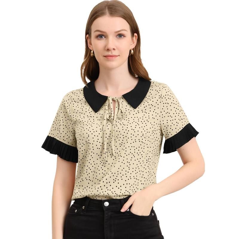 アレグラ ケー レディース トップス シャツ ドット コントラスト ブラウス ALLEGRA K Womens Contrast Doll Collar Polka Dots Topshort Sleeves Blouse Apricot Black ブラック