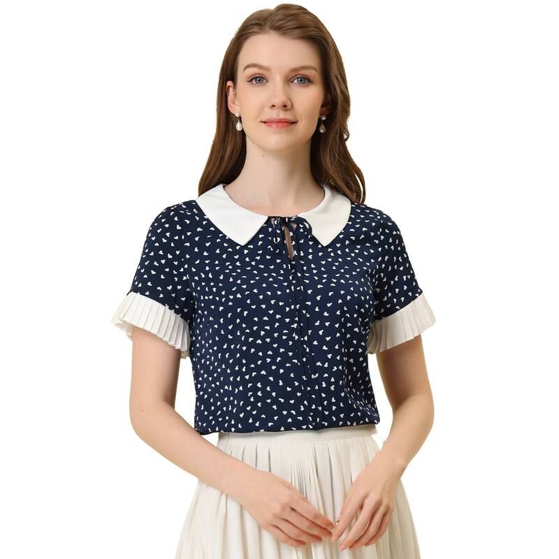アレグラ ケー レディース トップス シャツ ドット コントラスト ブラウス ALLEGRA K Womens Contrast Doll Collar Polka Dots Topshort Sleeves Blouse Dark Blue ブルー
