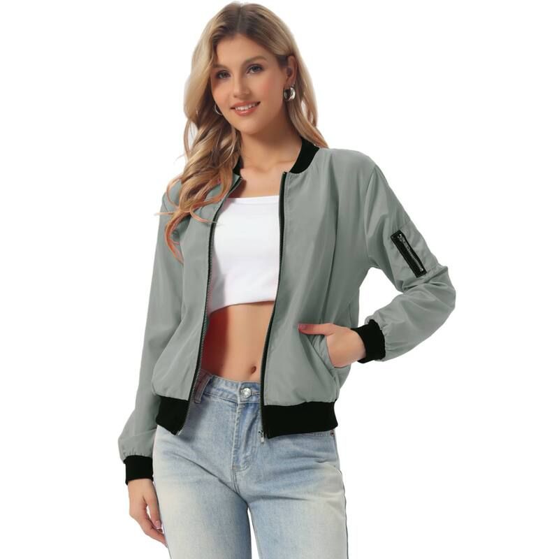 アレグラ ケー レディース アウター ジャケット・ブルゾン ALLEGRA K Womenstanding Collar Full Zip up Short Bomber Jacket Grey グレー
