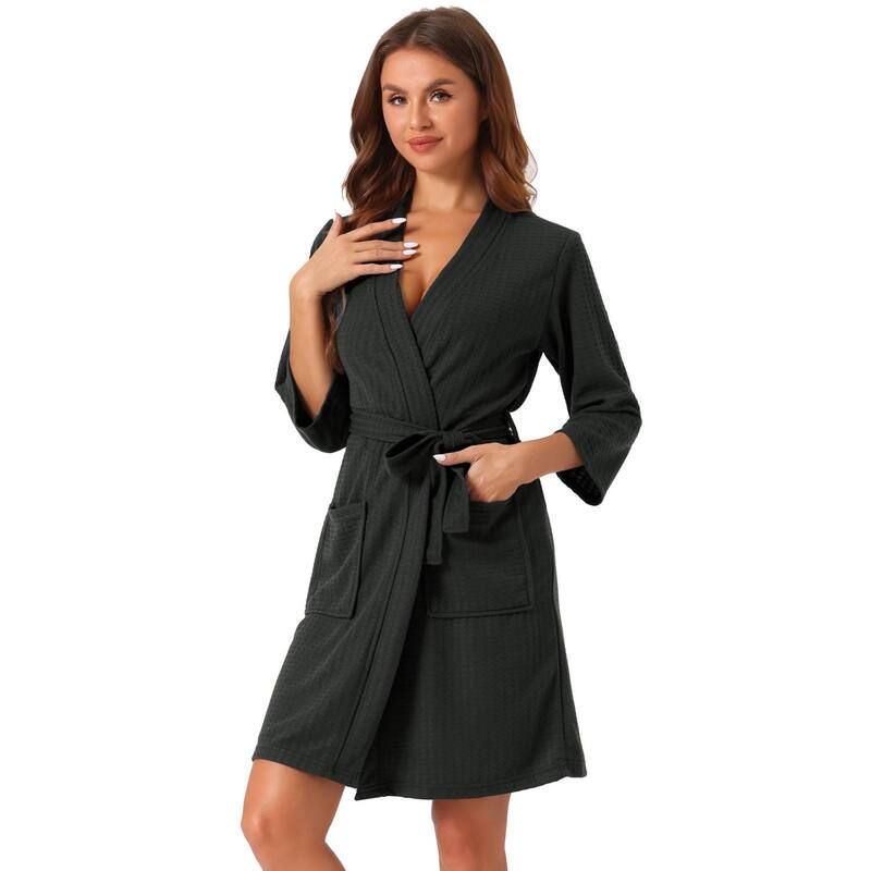 cheibear レディース アンダーウェア ナイトウェア cheibear Womens Waffle Bathrobe Soft Kimono Spand Bath MidLength Robes Black ブラック