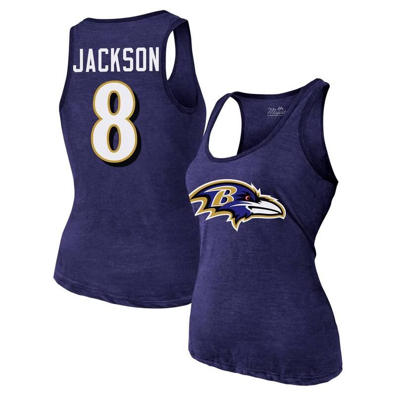 マジェスティック レディース トップス Tシャツ Womens Majestic Threads Lamar Jackson Purple Baltimore Ravens Name Number TriBlend Tank Top Rav Purple パー