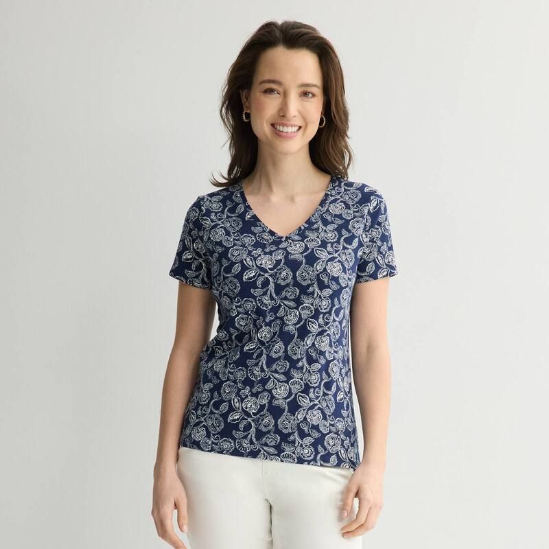 クロフト＆バロー レディース トップス Tシャツ Vネック プチ Petite Croft Barrow Essential VNeck Tee Navy Soft Vines ネイビー