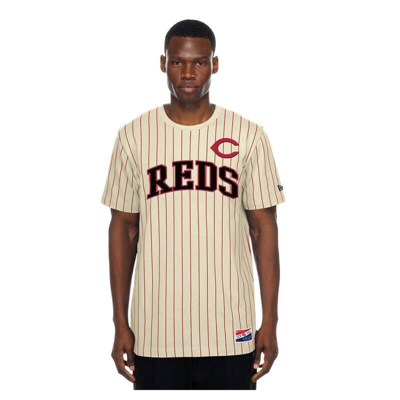 ニューエラ レディース トップス Tシャツ メッシュ Mens New Era Cream Cincinnati Reds Throwback Meshback Pinstripe TShirt Red Beige レッド