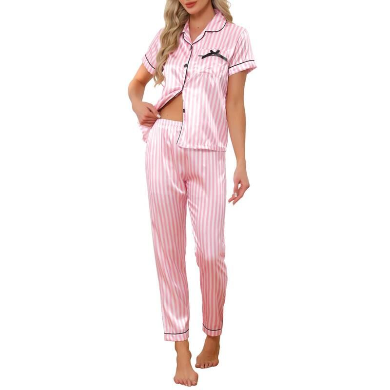 cheibear レディース アンダーウェア ナイトウェア ボタンダウン パンツ サテン シルク ダウン cheibear Womensatin Sleepwear Button Down Short Sleeve with Loose Pantsilky L