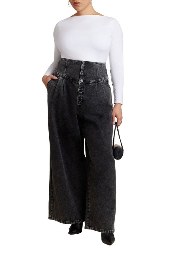 エロクイ レディース ボトムス デニムパンツ ワイドレッグ ELOQUII Corset Waist Wide Leg Jean Vintage Black ブラック