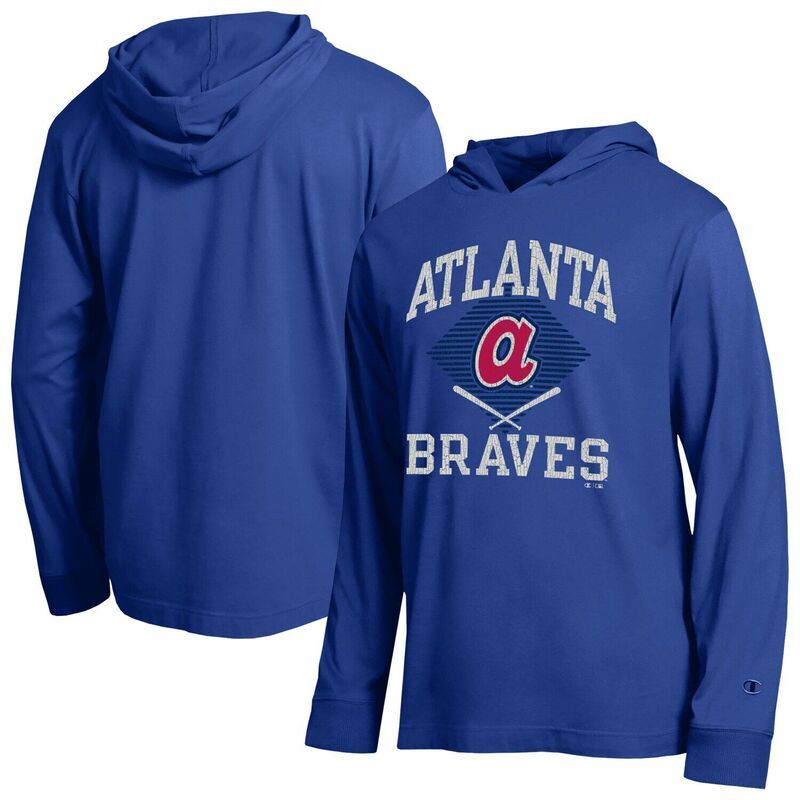 チャンピオン レディース トップス Tシャツ 長袖 Mens Champion Royal Atlanta Braves Cooperstown Hooded LongSleeve TShirt Brv Blue ブルー