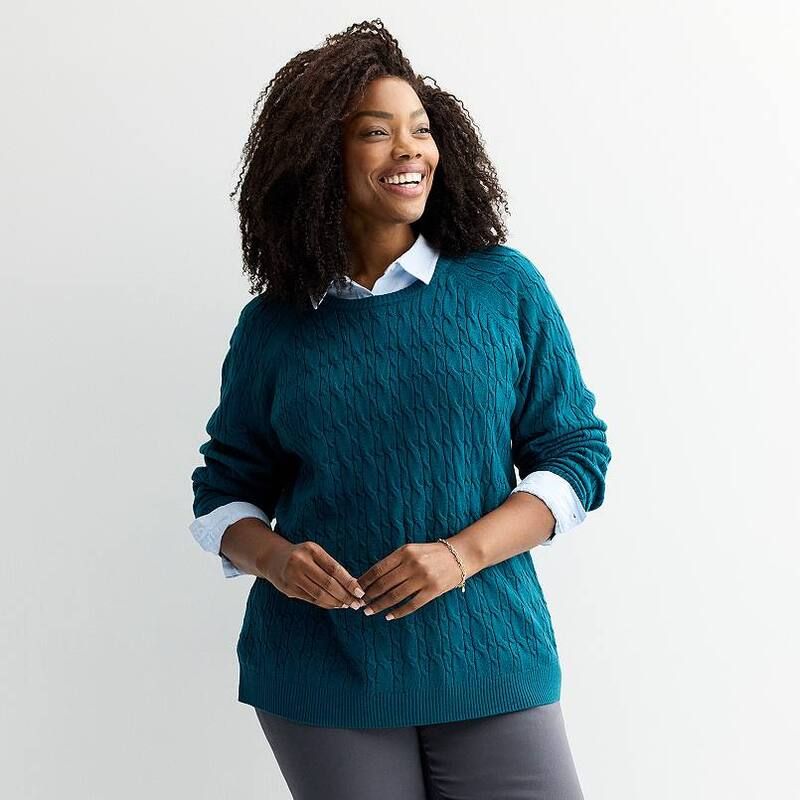 クロフト＆バロー レディース アウター ニット・セーター クルーネック プラスサイズ Plusize Croft Barrow Thextra Soft Cabled Crew Neck Sweater Mystery Teal ティール