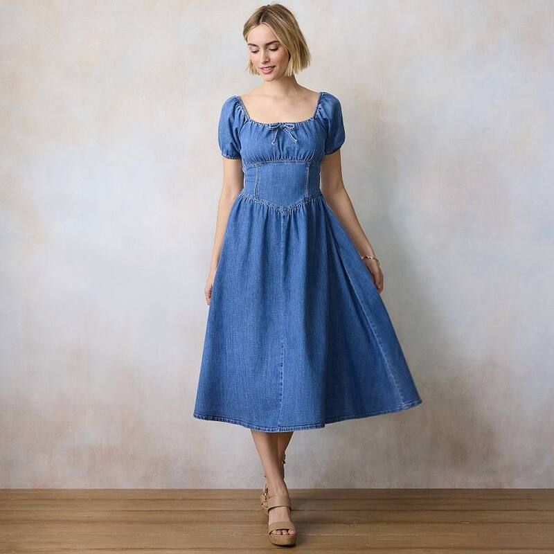 LC Lauren Conrad レディース トップス ワンピース プチ ミディ デニム Petite LC Lauren Conradenim VYoke Puff Sleeve Corset Midi Dress No Color デニム