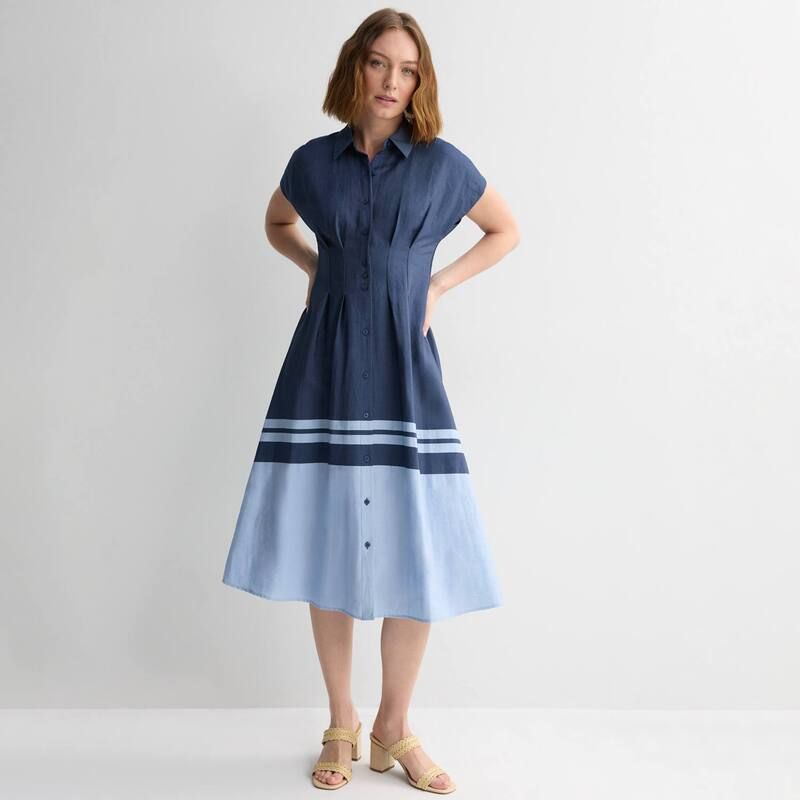 ナインウェスト レディース トップス ワンピース ウエストマーク ミディ シャツ Womens Nine West Cinched Waist Midi Shirt Dress Blue Lilly Border ブルー