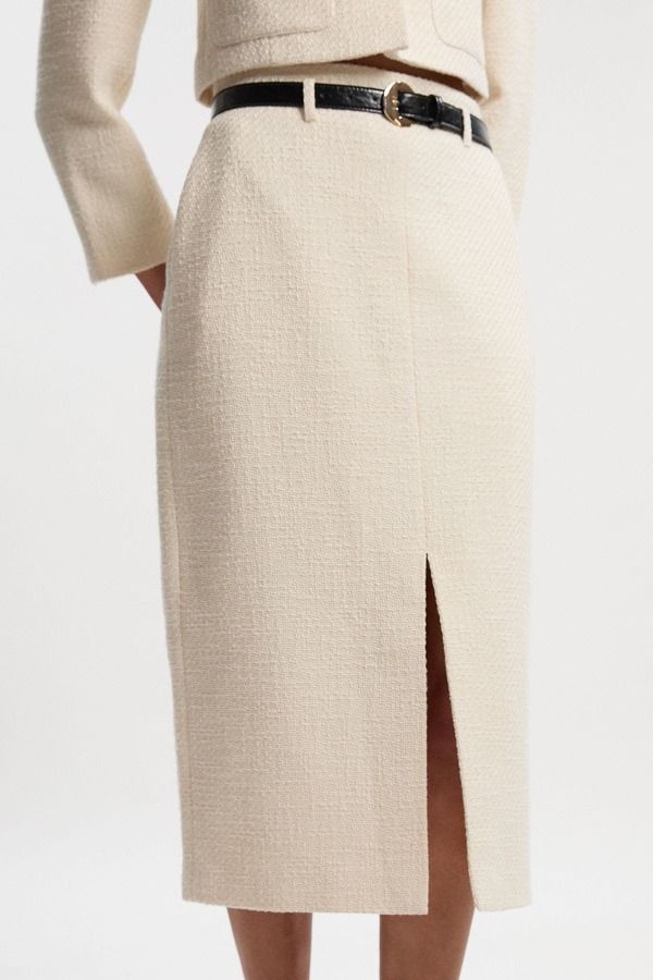 カレンミレン レディース ボトムスカート プチ ツイード Karen Millen Petite Tweed Belted Pencil Skirt Cream クリーム